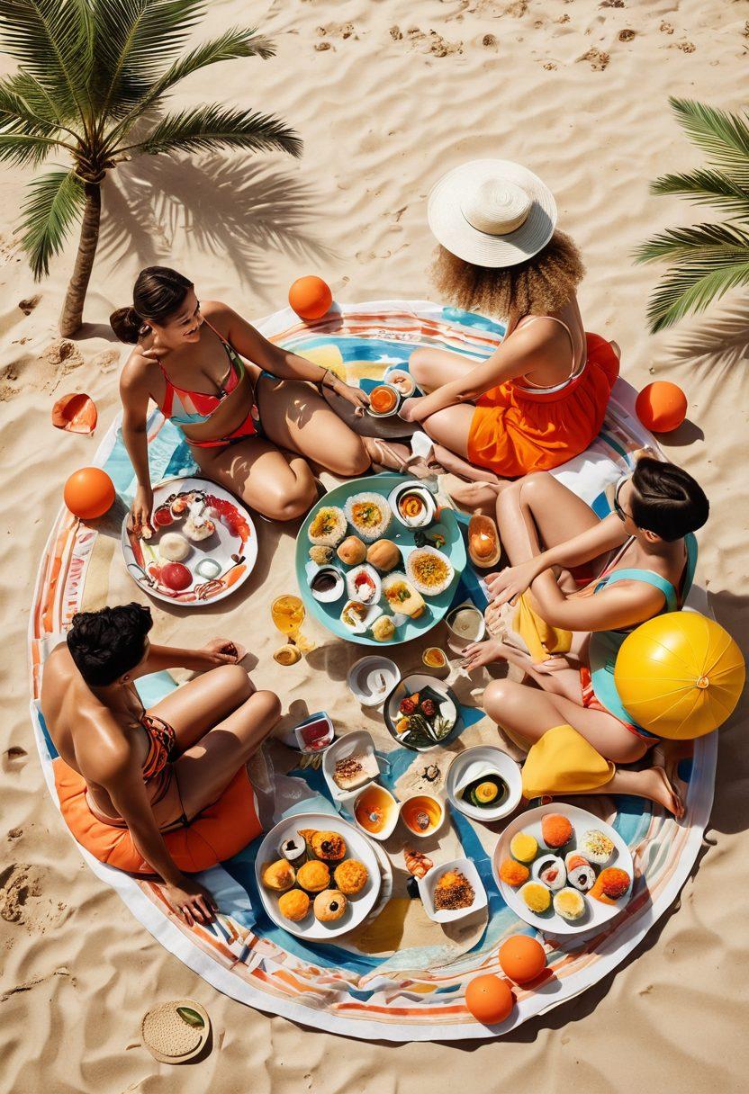 A colorful and vibrant scene depicting a stylish beach setting with a diverse group of friends in trendy swimwear, enjoying a picnic filled with delicious Asian dishes like sushi and dim sum. The backdrop showcases a sunlit beach with palm trees swaying, and plates of food artfully arranged on a sandy blanket. Include playful elements like beach balls and flip-flops to enhance the joyful atmosphere. bright colors, summer vibes, 3D.